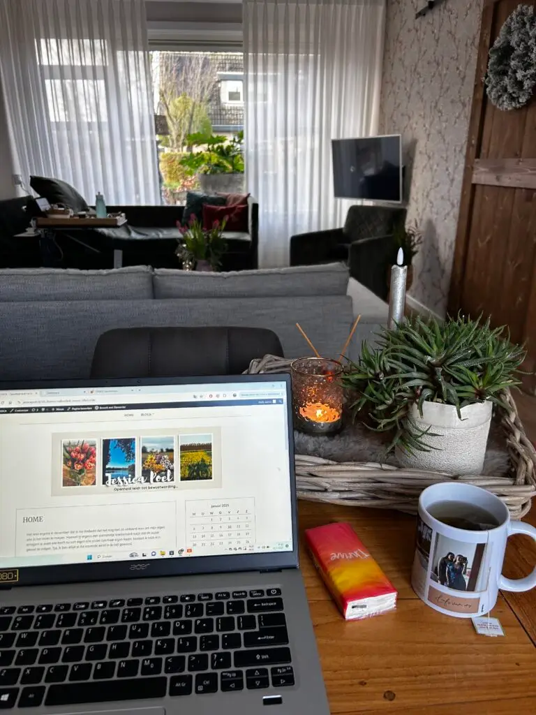 Zicht op laptop en woonkamer Jessica